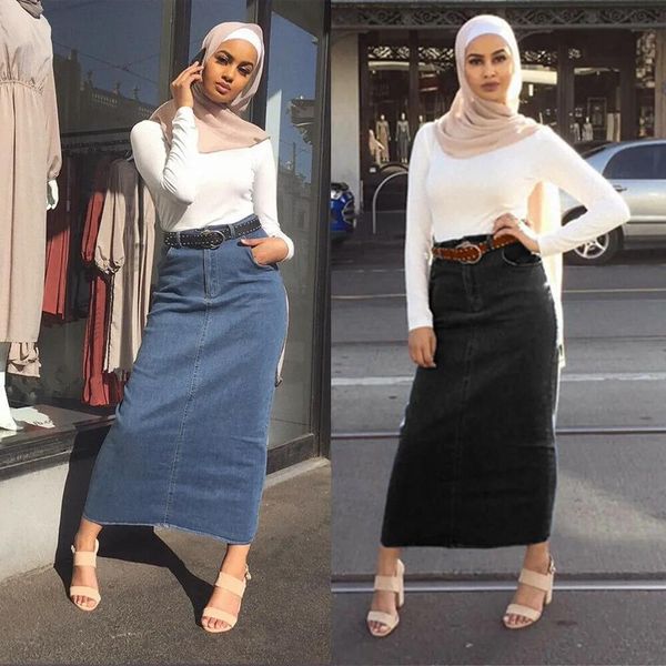 Kleidung Damen Denim Langer Rock Gerade Figurbetonte Maxiröcke Hohe Taille Abaya Muslimische Unterteile Islamische Jeansröcke Mode aus dem Nahen Osten