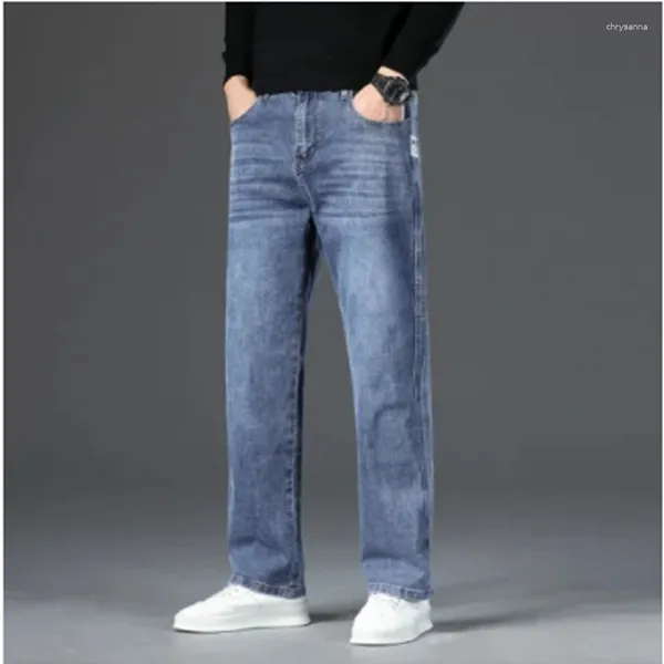 Jeans masculinos de boa qualidade preto cinza azul magro homens primavera verão fino ajuste denim algodão estiramento calças cowboy fx3203