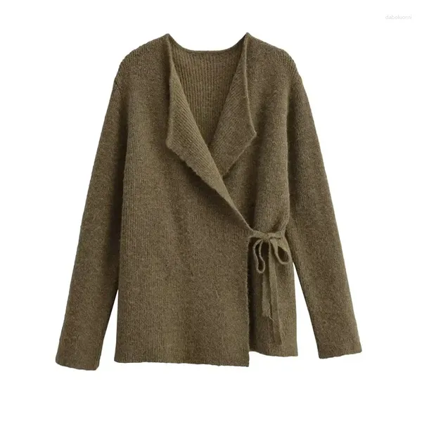 Maglieria da donna 2023 Vintage da donna a maniche lunghe con scollo a V avvolgente sul davanti cardigan lavorato a maglia capispalla maglione femminile verde militare