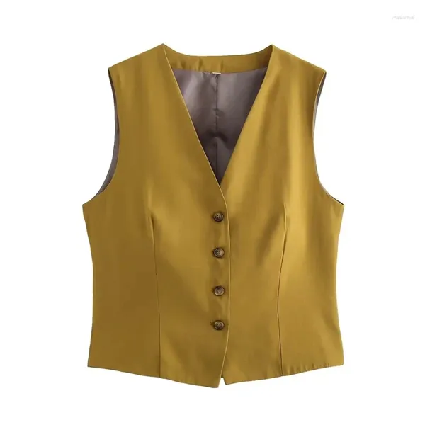 Gilet da donna Gilet casual giallo Gilet moda donna senza maniche Gilet monopetto Chic Lady Abbigliamento femminile 2024