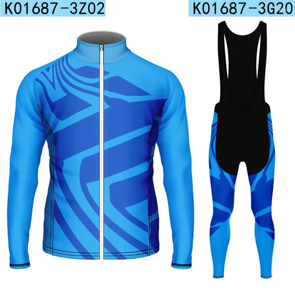Erkek Ceketler Sonbahar Bisiklet Üst ve Pantolon Seti Erkekler Uzun Kollu Fermuar Yarış Jersey Takım Mavi Baskı Giysileri