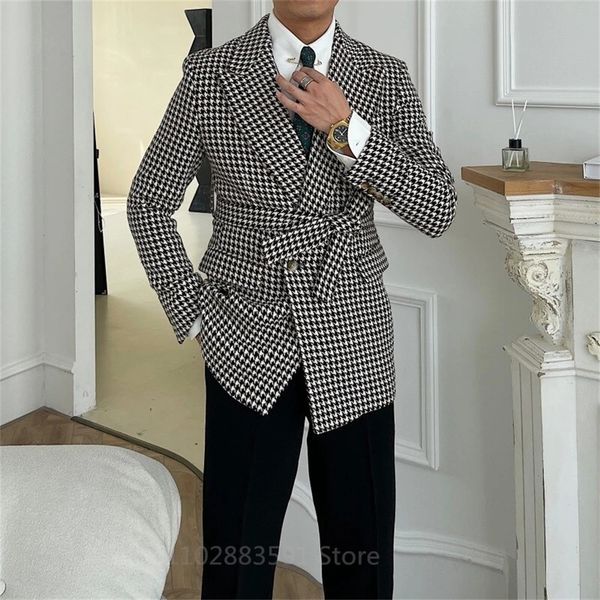 Houndstooth Double Bastted Wedding Suits for Men 2 peças Slim Fit Machine Moda noivo Tuxedo Conjunto com cinto mais recente Design 2023 231227