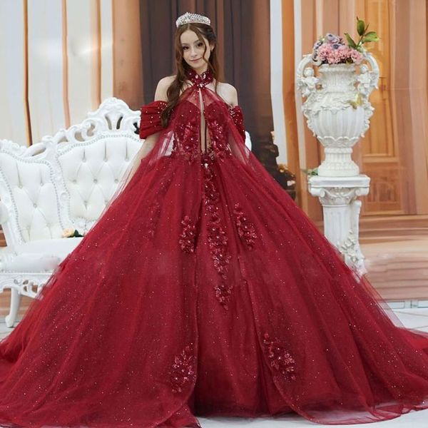 Новейшие платья Quinceanera 2024, бальное платье с открытыми плечами, милое платье 15 лет с накидкой, 3D цветочные аппликации, юниорское платье для дня рождения