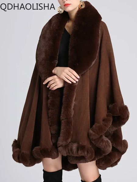 Cappotto poncho in pelliccia da donna cardigan elegante colletto casual scialle mantello di lana oversize manica a pipistrello nappa moda coreana 231226