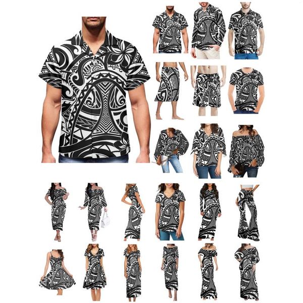 Мужские повседневные рубашки Полинезийская Тонга Гавайи Фиджи Гуам Самоа Понпеи Племенные татуировки с принтами Одежда Женское платье Соответствующая мужская рубашка Белый любовник