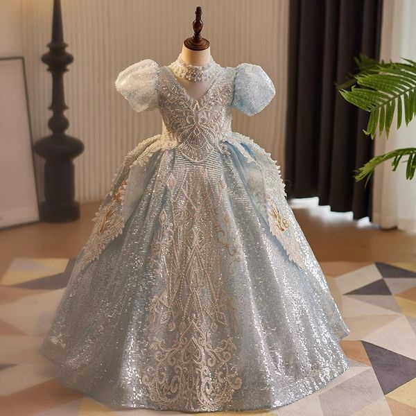 Elegante himmelblaue Kristalle Blume Mädchen Neue Spitze Applikze Prinzessin Ballkleid Kinder Festzug für Hochzeit