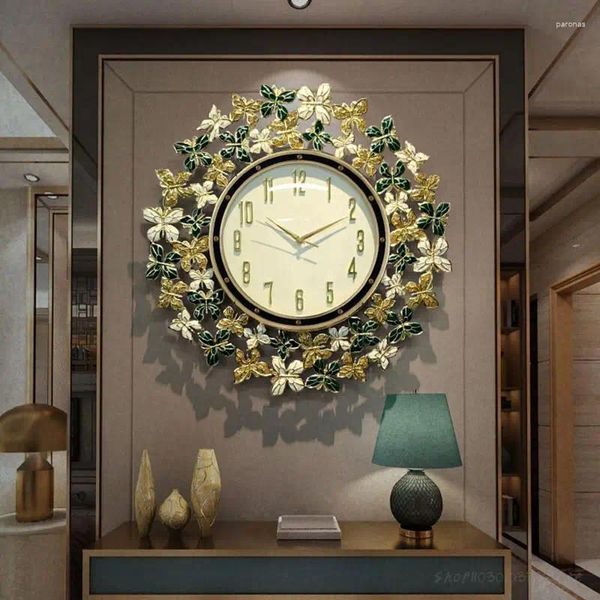 Relógios de parede Metal Art Decor Estilo Nórdico Folhas Relógio de Luxo Silencioso Silencioso Mecanismo Clássico Reloj Pared Home Interior