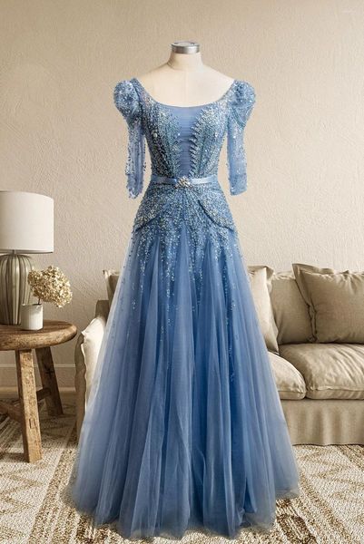 Abiti da festa Elegante abito da sera midi blu con maniche 2023 Abiti da cerimonia da sposa corti arabi musulmani di lusso Dubai alla caviglia