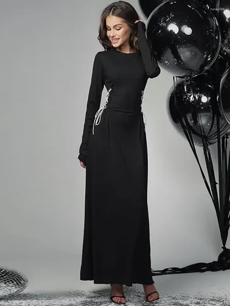 Повседневные платья, элегантные модные туники с круглым вырезом и длинными рукавами, бандажное черное платье 2023, зимняя женская одежда с высокой талией, облегающее вечерние