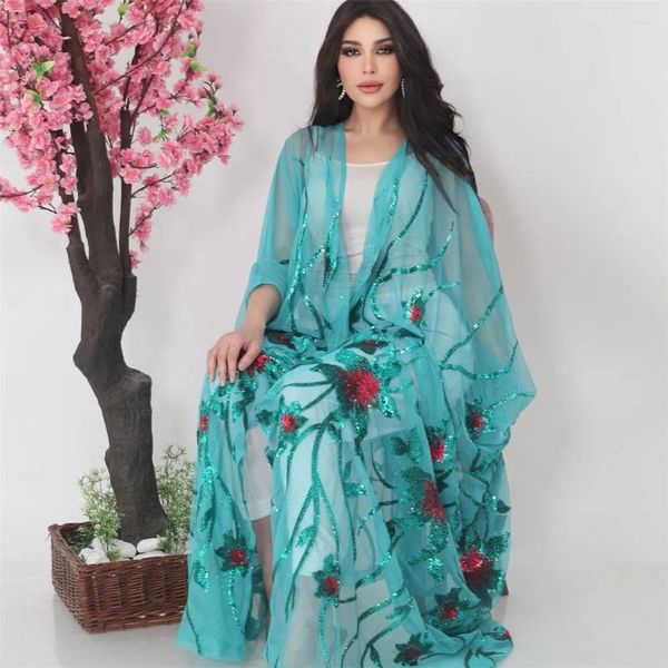 Roupas étnicas Eid Party Marroquino Malha Lantejoulas Abertas Abayas Cardigan Mulheres Muçulmanas Kimono Vestido Turquia Ramadan Islam Jalabiya Kaftan Caftan