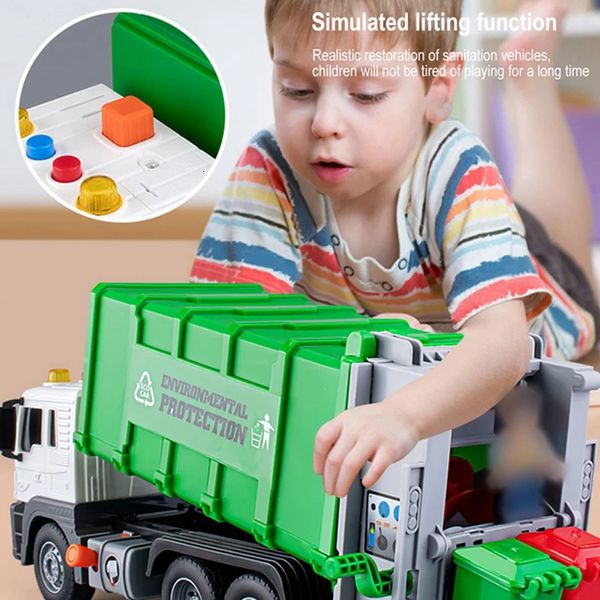 Auto in lega per bambini 1 32 Modello Diecast City Cleaning Garbage Truck Suno Luce tiro Back Tornio Tash Kids Toy Toys Toy Christmas Gifts 231227