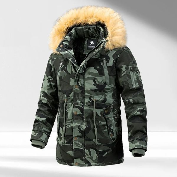 Jaquetas de inverno de homens com acabamento de peles Capuz de camuflagem Parkas Men Men, camadas de caminhada ao ar livre, cagarosos 231227