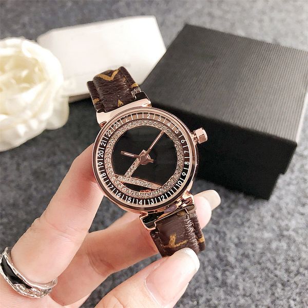 Moda completa marca relógios de pulso feminino menina diamante rotativo dial estilo pulseira couro quartzo relógio luxo l 102