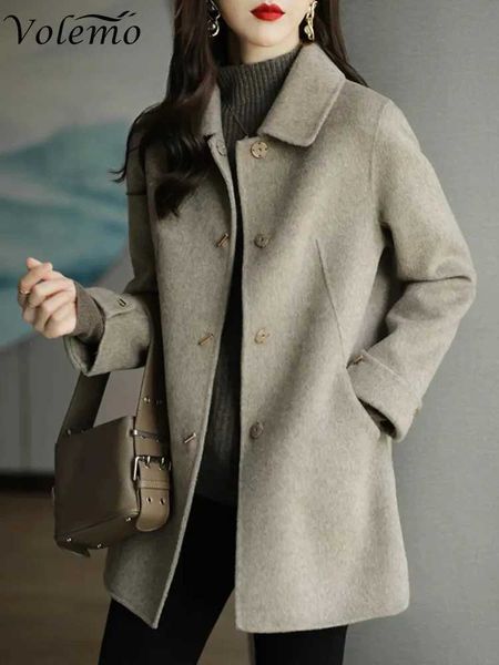 Casaco de lã feminino mistura de lã fino moda escritório senhora gola quadrada único breasted casacos de inverno para mulher 2023 bolso de cintura larga casaco preto j231227