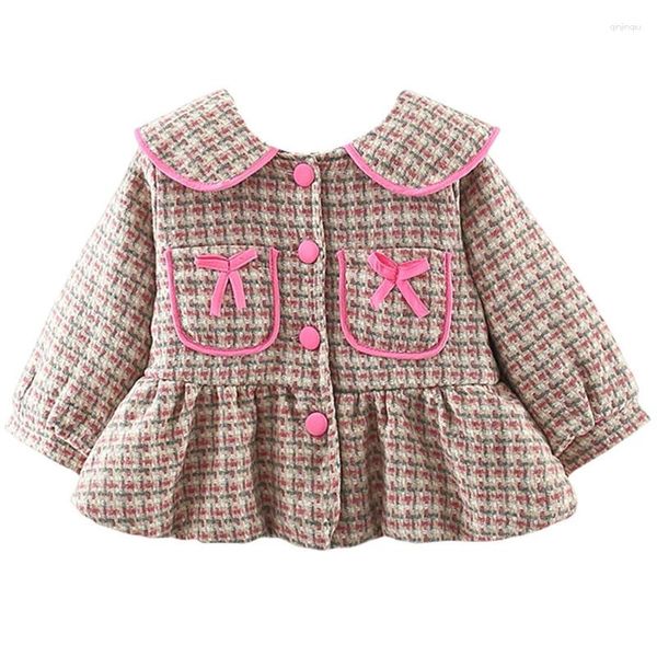 Giacche Giacca autunno inverno Vestiti per bambina Coreano carino caldo plaid fiocco colletto per bambola Capispalla Cappotto per bambini Abbigliamento boutique per bambini BC821