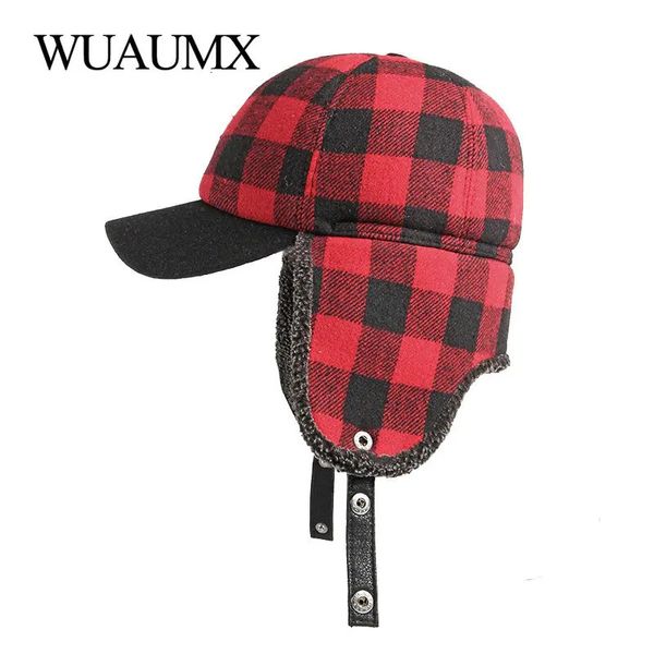 Cappelli da bombardiere invernale Wuaumx Gli uomini addensano il cappello da trappola russo a orecchie da baseball berretto rosso nero bombardiere a neupolo per donne 231227