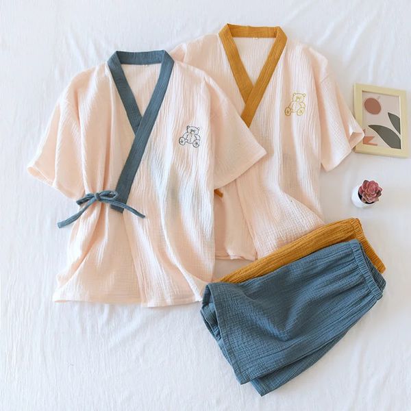 Damen-Kimono-Pyjama-Set im japanischen Stil, Bären-Stickerei-Pyjama, kurzärmelige Damen-Hauskleidung aus 100 % Baumwollgaze, niedlich, 2-teilig, 231226