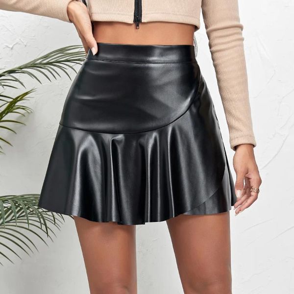 Saias moda couro com cintura alta e irregular plissado design sexy menina picante y2k pu saia curta para roupas femininas