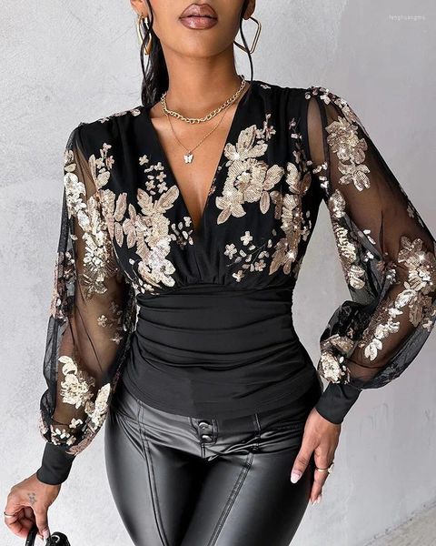 Женские блузки, рубашка с цветочным декором и блестками, прозрачный сетчатый топ, женские повседневные футболки с длинными рукавами и v-образным вырезом, тонкая талия, фонарики