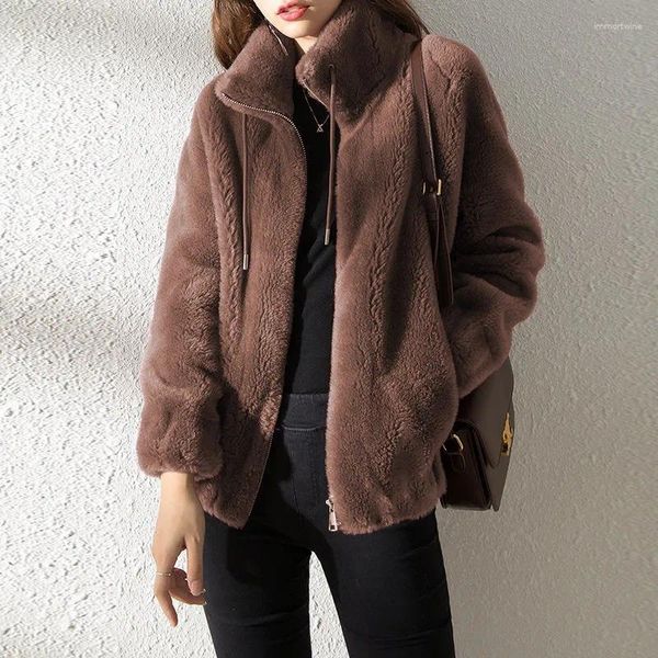 Mulheres Trench Coats Mulheres Cardigan Jaqueta Inverno Gola Dois Lados Veludo Grosso Quente Casaco De Pele Falso Senhoras Moda Casual All-Match