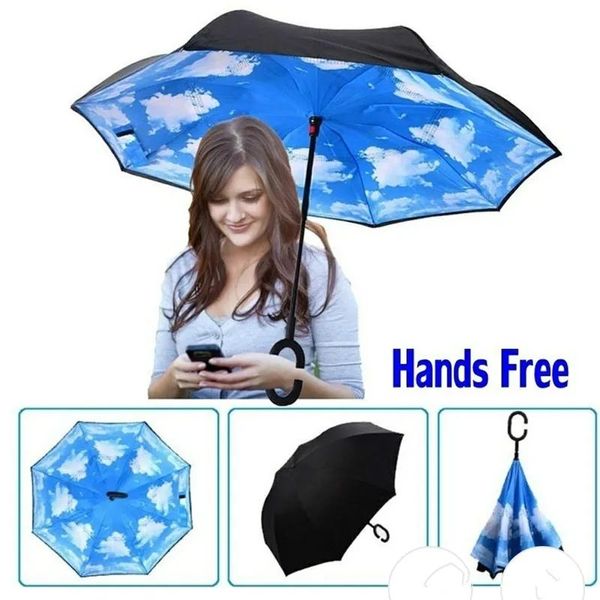 Regenschirme Regenschirm Großhandel 64 Muster Sunny Rainy Umbrella Reverse Folding Inverted Umbrellas mit C-Griff Double Layer Inside Out Windp