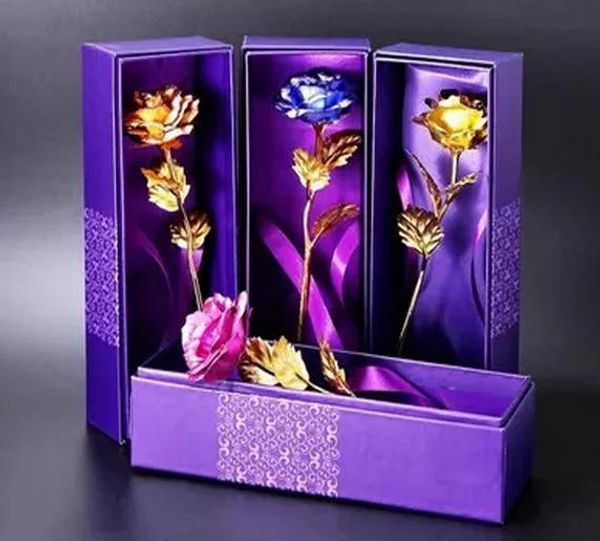 Forniture placcate 24K rosa dorata fiore San Valentino regalo di compleanno sposa bouquet da sposa oro blu rosso con borsa viola + scatola drop shi