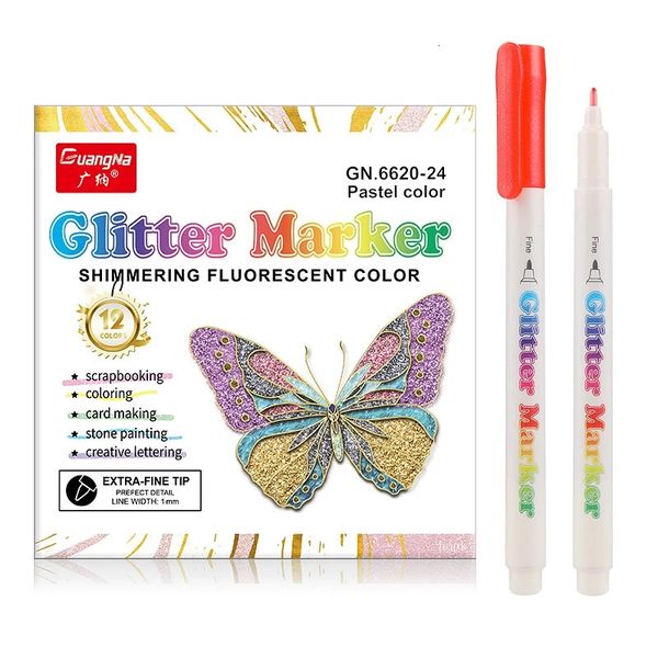 12/24 Renk Akrilik Glitter Markerlar Boya Kalemleri Boyama Scrapbooking DIY zanaat yapımı sanat malzemeleri Kart Yapma Boyama. 231226