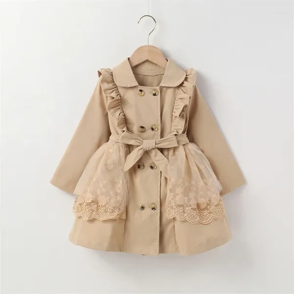 Robes de fille 2023 automne enfants filles trench-coat bébé vêtements dentelle garniture à manches longues revers coupe-vent à double boutonnage vêtements d'extérieur pour enfants