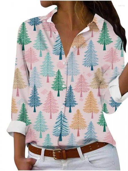 Blusas femininas árvore de natal camisa gráfica feminina 2023 outono inverno casual turn-down colarinho impressão camisas de manga longa para