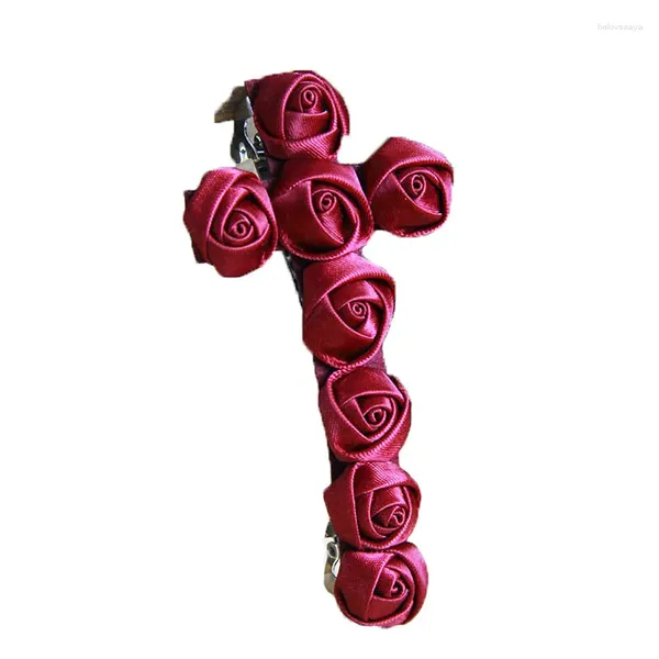 Haarspangen Damen Lady Girl Chic Handgemacht 3,3 Zoll Multi Rote Blume Rose Kreuz Clip Pin Haarspange Vampir Braut Cosplay Gothic Lolita