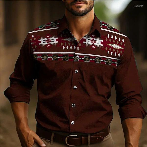 Camisas de vestido masculinas camisa retrô étnic desgaste o padrão tribal ocidental preto cinza macio confortável manga comprida estilo 2024