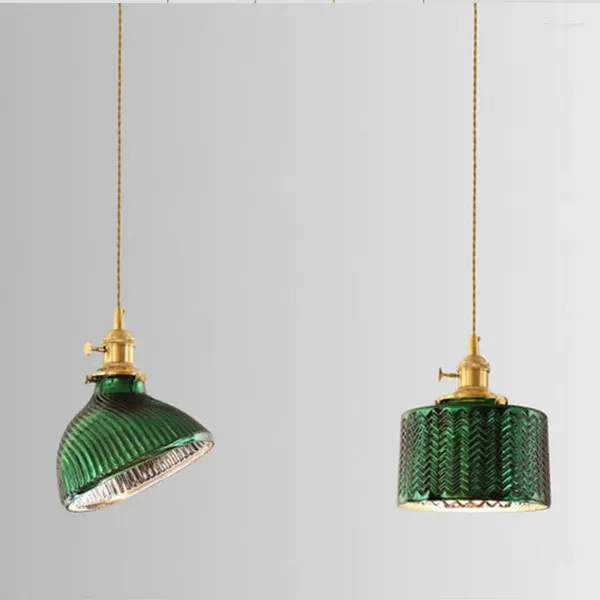 Lâmpadas pendentes Modern E27 Pure Copper Lamp Holder Chandelier Simples Vidro Verde Cozinha Sala de estar Quarto Bar Interior