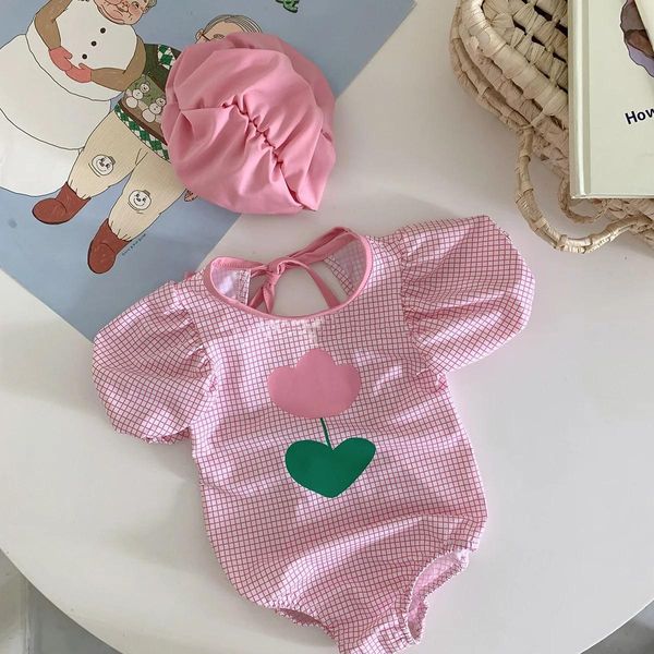 Set costumi da bagno scozzesi floreali per neonata, maniche a sbuffo con fiocco carino, costumi da bagno per bambini dolci, nuovo costume da bagno per bambini, bikini per ragazze