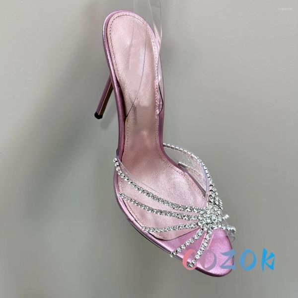 Sandali estate lucido lucido in metallo rosa in metallo in pelle cristallo a tacco formale rotonda artiglia con punta di punta con altezza scarpe da donna