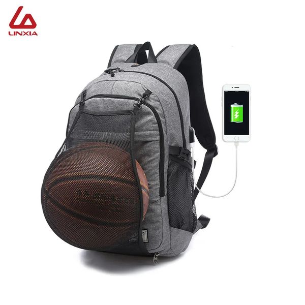 Многофункциональная USB -зарядка спортивная рюкзак с футбольной баскетбольной сетью для школьной сумки для подростка мужской футбольный мяч сумка 231227