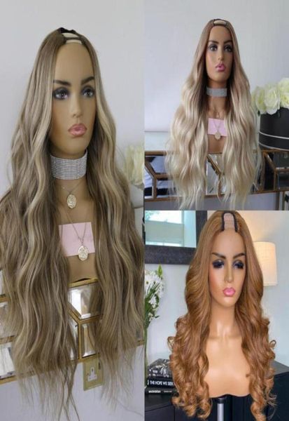 Perucas de renda 200 densidade cabelo humano máquina feita metade para mulheres loira ombre destaque u parte remy peruano92942209652681