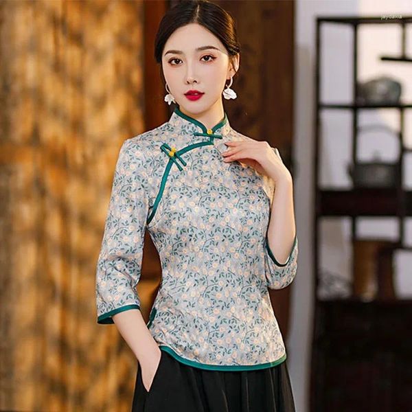 Abiti casual Cheongsam Camicia con bottoni Donna Cotone Slim Qipao Top Vintage Stampa classica Abito tradizionale cinese Elegante abito orientale