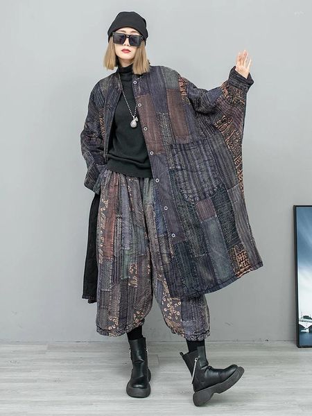 Trench da donna retrò usurato patchwork maniche a pipistrello cardigan lunghezza media vecchio panno di cotone spesso cappotto donna streetwear singolo