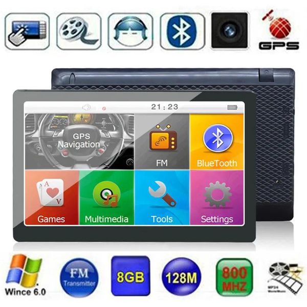 Acessórios HD 7 polegadas Car GPS Navigation Truck Navigator Touch Screen Bluetooth AVIN Auto GPS WinCE MP4 Transmissor FM DDR256MB 8GB Mapas 3D