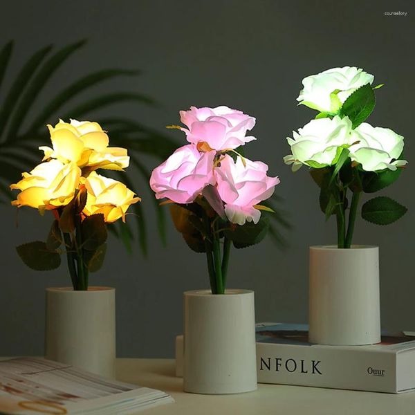 Nachtlichter 3head China Rose Lampe Batterie betriebene Nachttisch Simulation Blume Dekorative Schreibtisch für Schlafzimmer Wohnzimmer