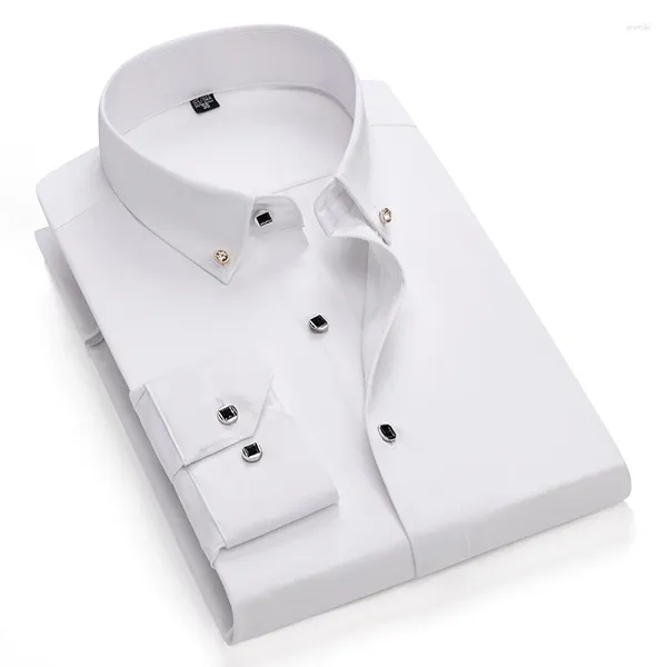 Camisas de vestido masculinas camisa de botão de diamante para homens manga longa cor sólida estiramento magro negócios masculino branco social homens roupas blusa 4xl