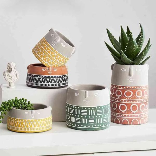 Novo cimento Human Face Flower Pot Nórdico Estilo Artístico A abstração Planta Ornamentos em vasos