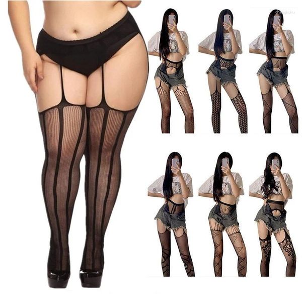 Meias femininas grandes plus size com cinta-liga para meia-calça arrastão sobre o joelho coxa alta longa sexy xxxxl