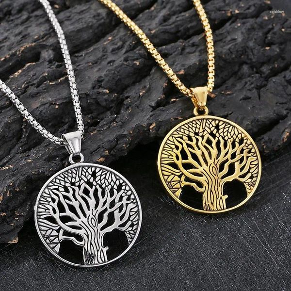 Anhänger Halsketten Klassische nordische Wikinger flache runde Baum des Lebens hohle Edelstahlhalskette für Unisex Silber / Goldfarbe