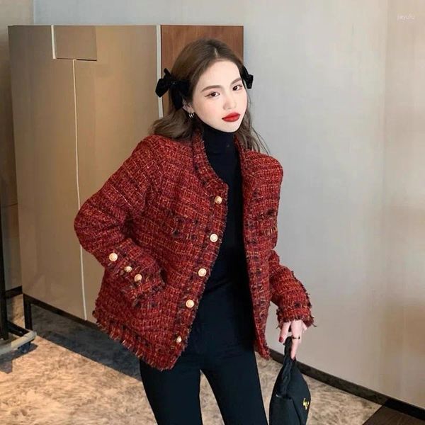 Giacche da donna Top in tweed rosso Moda coreana Giacca vintage Donna Autunno Inverno O Collo Monopetto Anno di Natale Cappotto Abbigliamento Capispalla