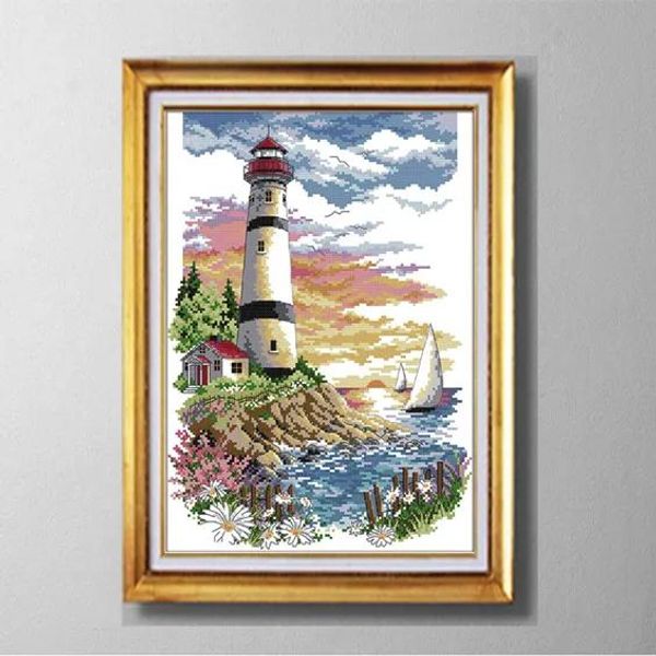 Ferramentas Lighthouse Seaside Cenário, DIY Made Cross Stitch Conjuntos de bordados de bordados