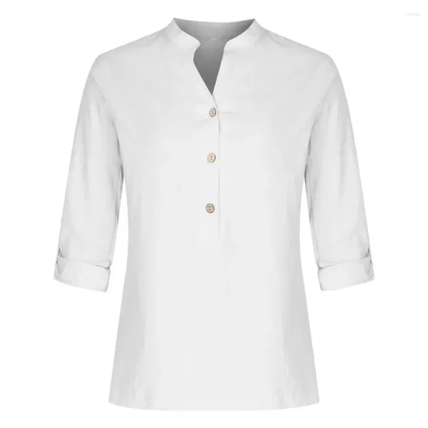 T-shirt da donna T-shirt da donna in cotone e lino Colletto alla coreana Manica arrotolata Estate Elegante Chic Top Scollo a bottoni Tinta unita Camicia casual