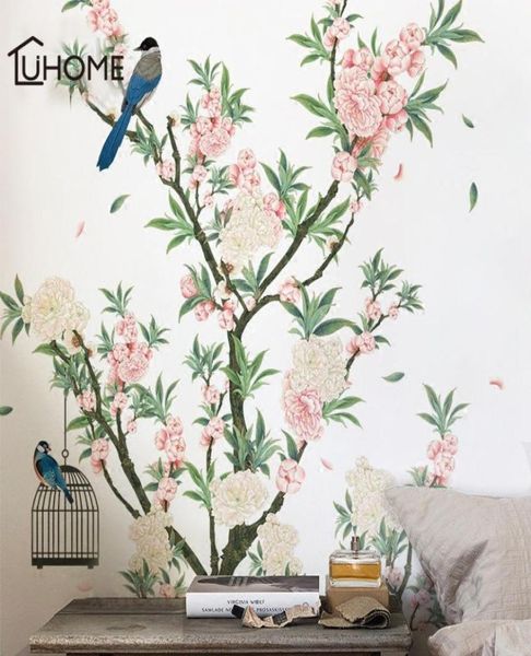 Encantador romântico damasco flor adesivo de parede para salas de estar damasco árvore pássaros decalque da parede quarto sofá decoração arte da parede t2004398533