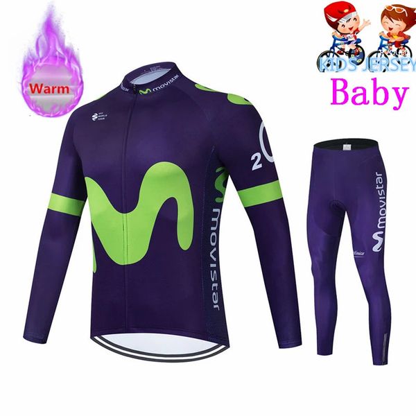 Movistar equipe inverno velo térmico roupas de ciclismo crianças manga longa camisa terno bicicleta roupas calças maillot hombre 231227