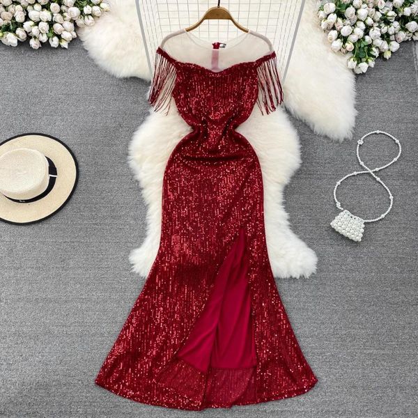 Vestidos casuais chique elegante banquete senhoras noite de alta qualidade o-pescoço malha mosaico borla cintura perto split vermelho vestido de lantejoulas de ouro mulheres